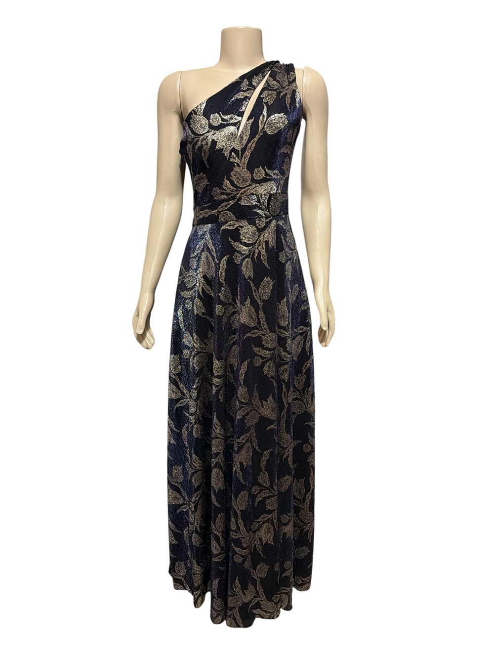 NWT Betsy & Adam Sz 6 Navy Gold Metallic Floral One-Shoulder Evening Gown $278 - Picture 2 of 9